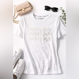 Karl Lagerfeld Bonjour Embellished White Tee | Chic Designer Top
